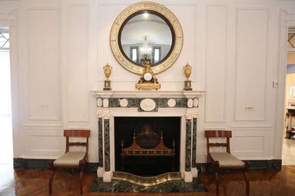 An ornate fireplace in the state dining room of the Governor's Mansion, in Atlanta. 