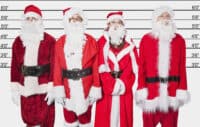 People in Santa costume standing side by side against police lineup