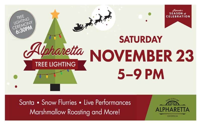 Alpharetta tree lighting ceremony Santa, snowfall, live music