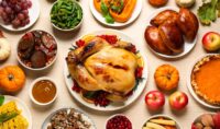 Traditional Thanksgiving day feast with delicious cooked turkey and other seasonal dishes served on wooden table, flat lay