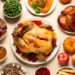 Traditional Thanksgiving day feast with delicious cooked turkey and other seasonal dishes served on wooden table, flat lay